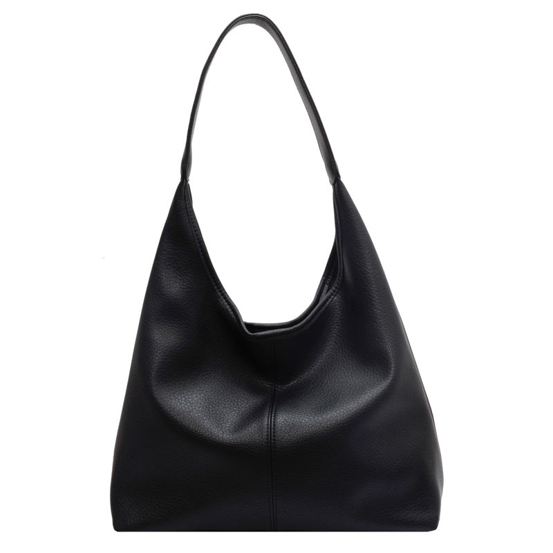 Black Leather Hobo Bag Slouchy Shoulder Handbag | Minimalist Soft Leather Tote