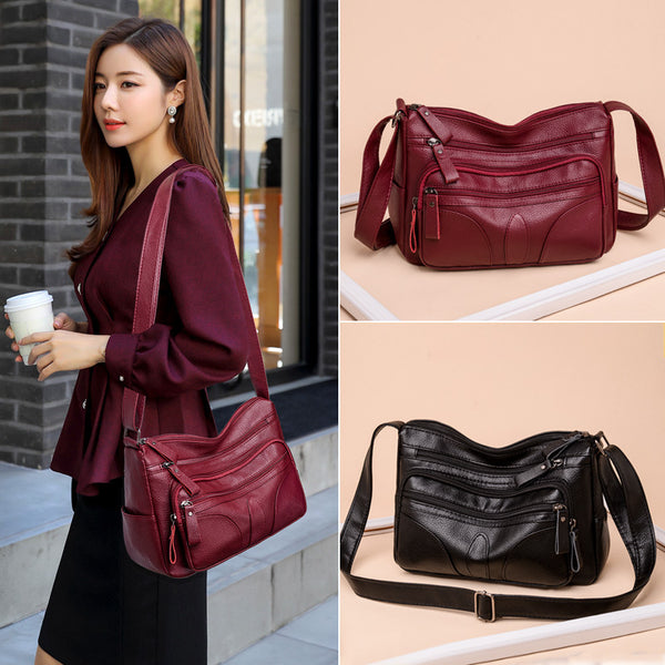 Black Leather Multi Pocket Crossbody Bag | Zipper Hobo Bag with Organizer