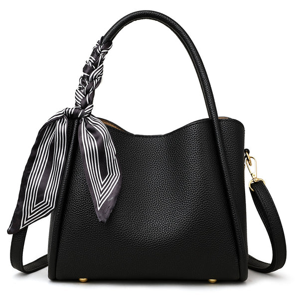 Black Leather Tote Bag Women | Scarf Handle Shoulder Handbag | Pebbled Crossbody Satchel Bag with Silk Ribbon Detail