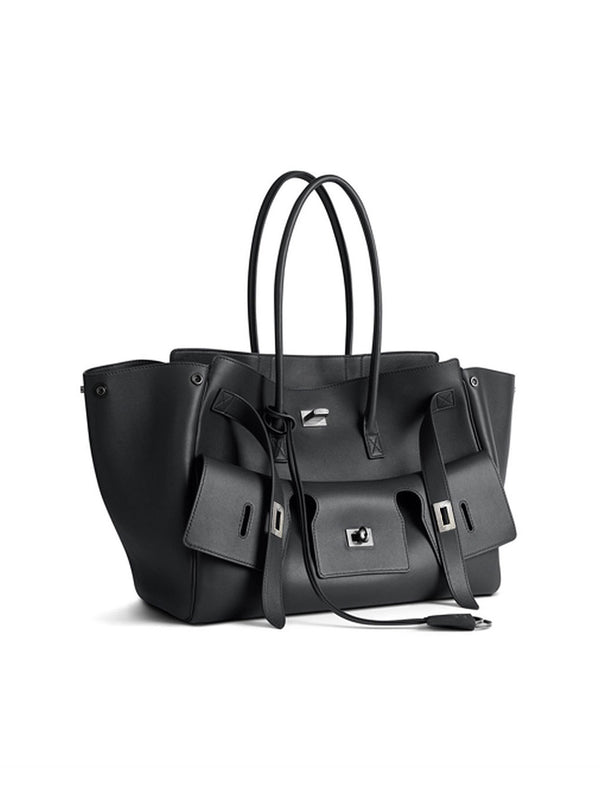 Black Leather Tote Bag with Front Pockets & Silver Hardware | Structured Handbag