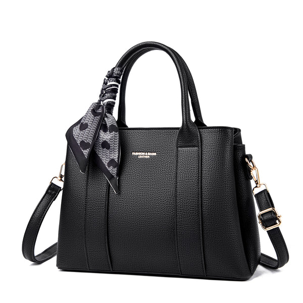 Black Leather Tote Handbag Women | Structured Shoulder Bag Crossbody Satchel with Scarf Detail Gold Hardware