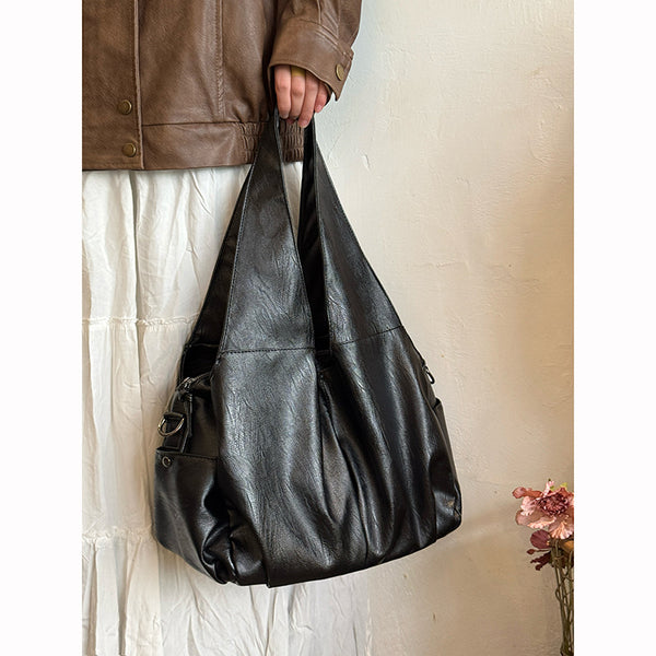 Black Oversized Leather Hobo Bag | Large Soft Slouchy Shoulder Tote | Everyday Carry Women's Bag