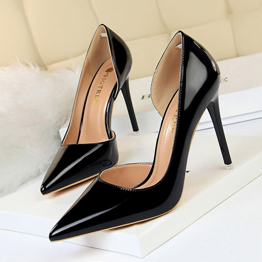 Black Patent Leather D'Orsay Stiletto Pumps Women Pointed Toe Cut Out High Heel Office Party Dress Shoes
