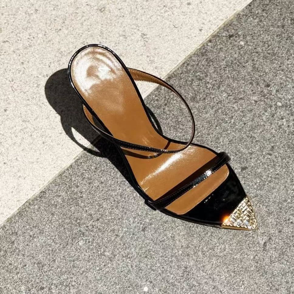 Black Patent Leather Strappy Heeled Sandals with Gold Pointed Toe Cap | Luxury Evening Shoes