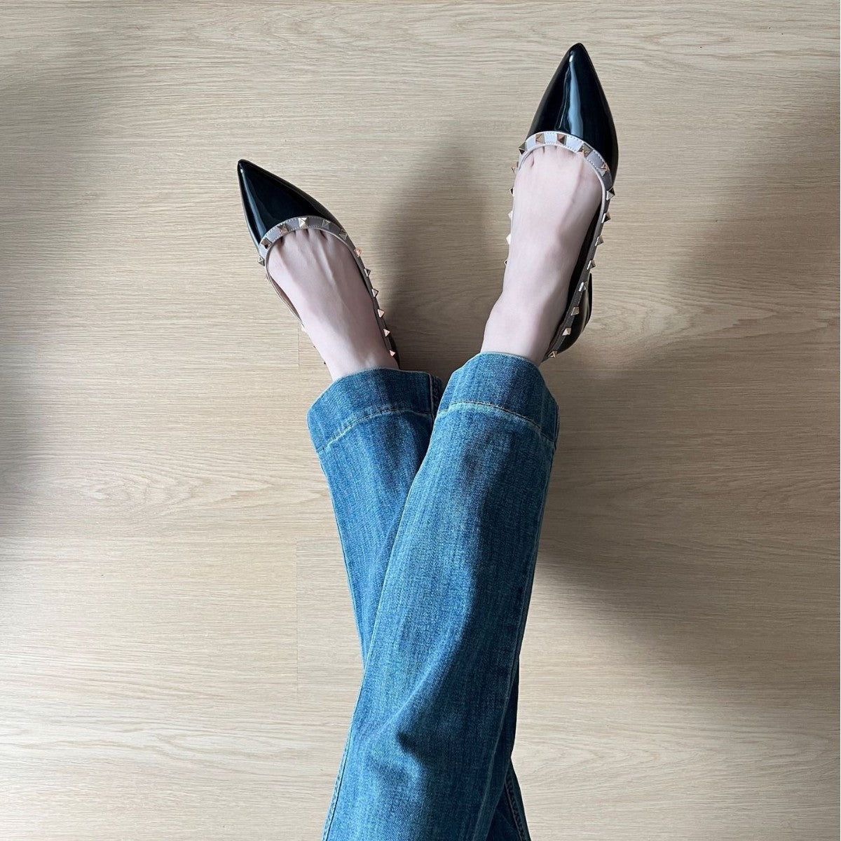 Black Patent Leather Studded Strap Pointed Toe Flats | Women's Rockstud Ballet Slingback Shoes