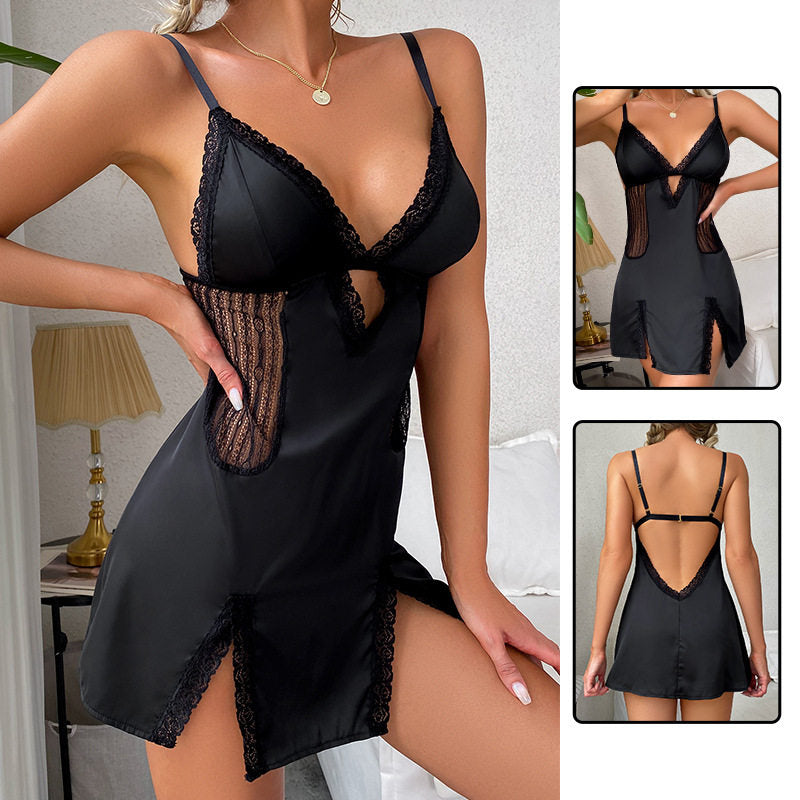 Black Satin Lace Trim Babydoll Lingerie Dress | Deep V Open Back Chemise with Sheer Lace Panels