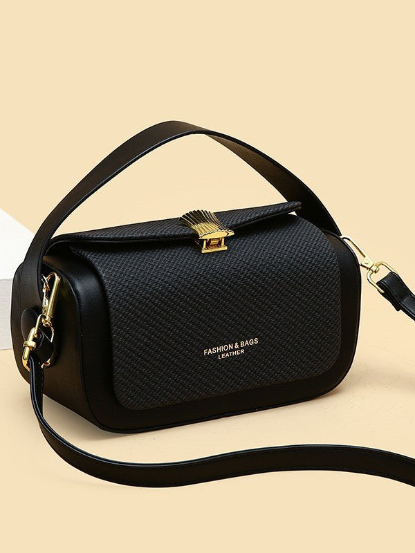 Black Structured Crossbody Bag with Gold Fan Clasp | Woven Texture Top Handle Shoulder Purse