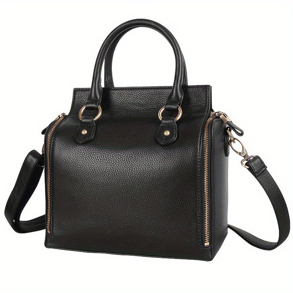Black Structured Tote Satchel Handbag | Top Handle & Crossbody Strap | Gold Hardware Side Zip Women's Bag