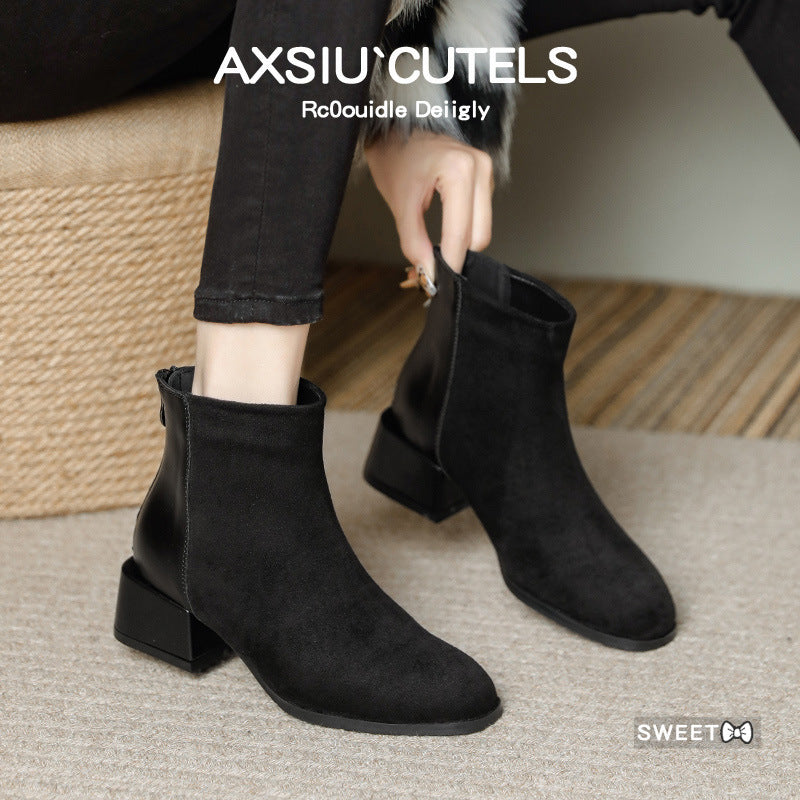 Black Suede Block Heel Ankle Boots | Women's Zip-Up Pointed Toe Booties