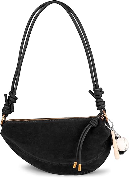 Black Suede Crescent Shoulder Bag | Knotted Strap Half Moon Hobo Bag with Gold Hardware & Charm
