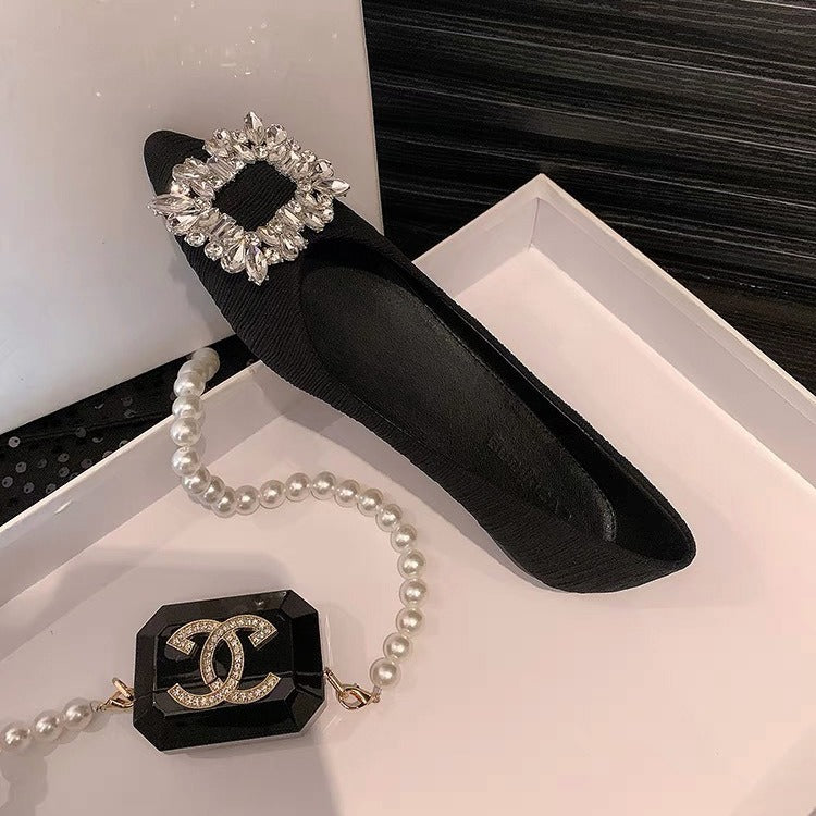 Black Suede Pointed Toe Crystal Brooch Flat Pumps | Rhinestone Square Buckle Embellished Slip-On Ballet Flats for Women