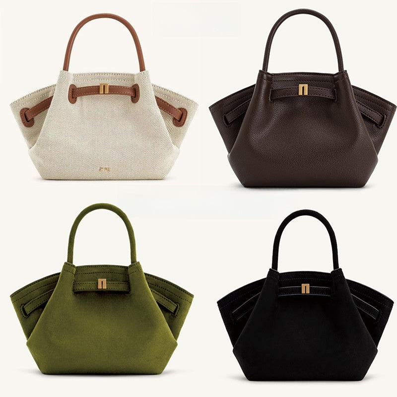Black Suede Structured Handbag with Wing Design | Trapezoid Tote Bag