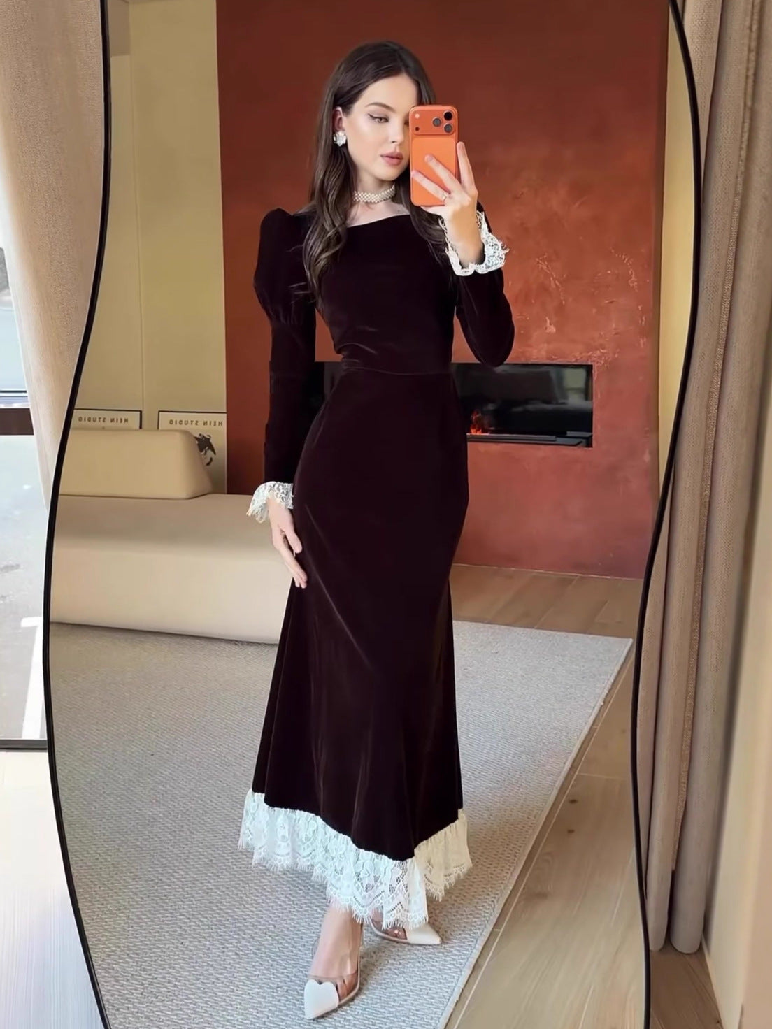 Black Velvet Maxi Dress with White Lace Cuffs & Hem | Women's Long Sleeve Square Neck Elegant Evening Gown