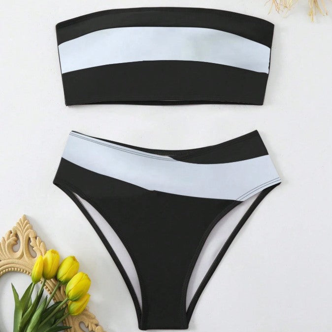 Black White Color Block Bandeau Bikini Set, Strapless Top & High Waist Bottom, Women Bold Contrast Swimwear, Sporty Chic Beach Swimsuit, Minimalist Two Piece Bathing Suit
