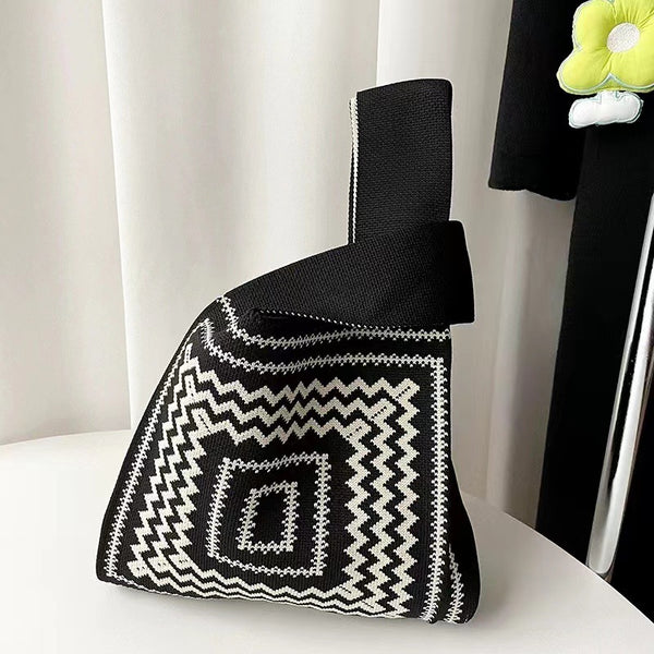 Black & White Geometric Knit Tote Bag | Aztec Pattern Wrist Handle Handbag | Boho Crochet Style Women's Bag