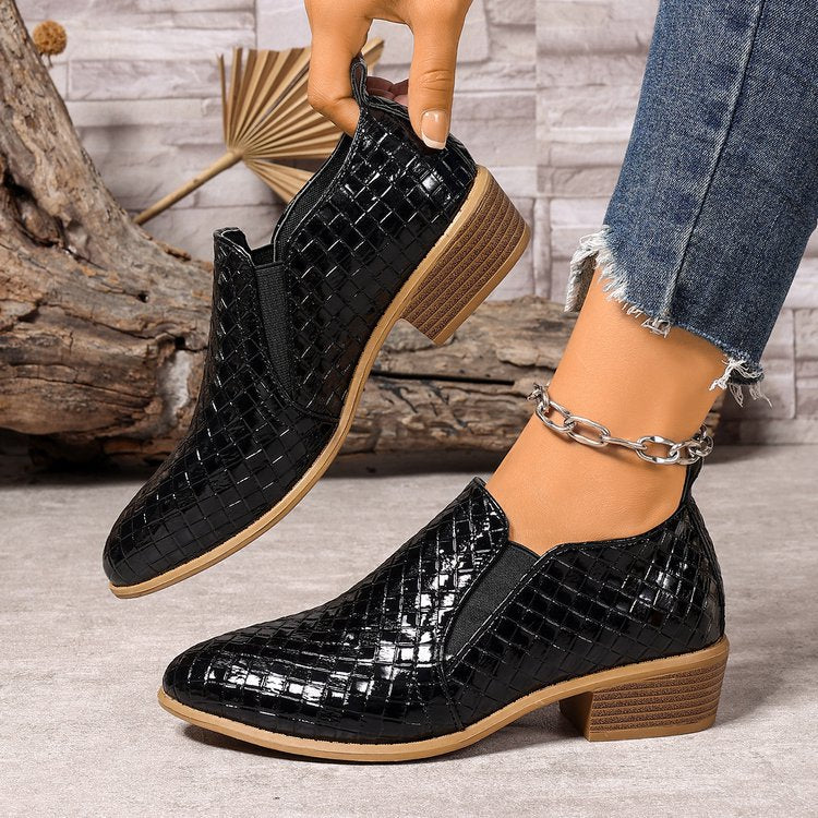 Black Woven Embossed Chelsea Ankle Boots | Slip-On Block Heel Pointed Toe Booties for Women