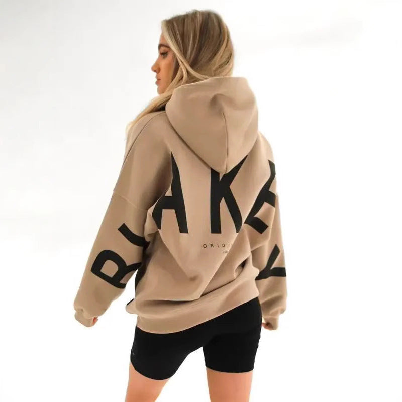 Blakey Originals Oversized Hoodie | Camel Tan Letter Print Pullover | Women's Streetwear Fleece Sweatshirt | Casual Aesthetic Fashion