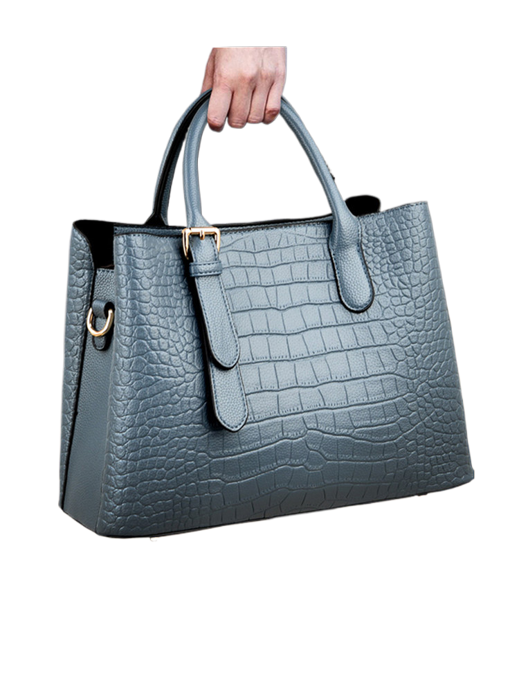 Blue Gray Crocodile Embossed Leather Handbag with Gold Hardware | Structured Tote