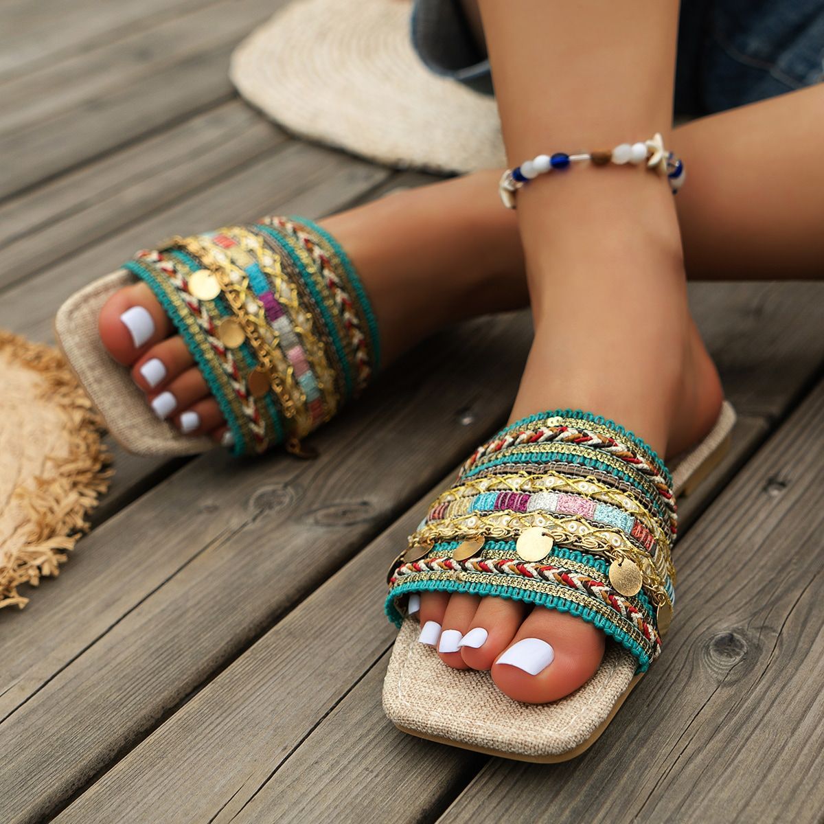 Boho Flat Slide Sandals Women | Woven Multicolor Strap with Gold Coin Detail | Square Toe Summer Sandals