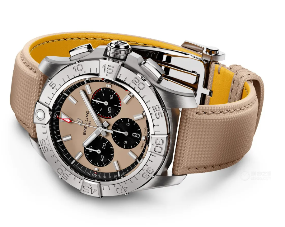 Breitling Chronograph Men's Watch | Salmon Dial Black Subdials Tachymeter Bezel Sand Leather Strap Swiss Made Sport Watch