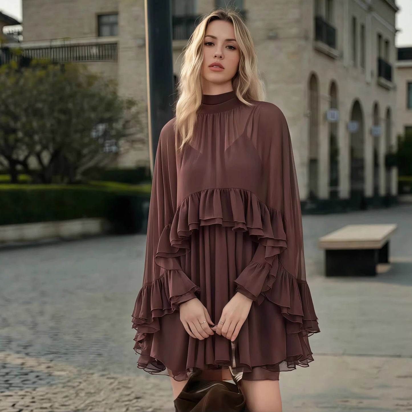 Brown Chiffon Ruffle Mini Dress | Mock Neck Long Sleeve Tiered Ruffle Flowy Short Dress for Women