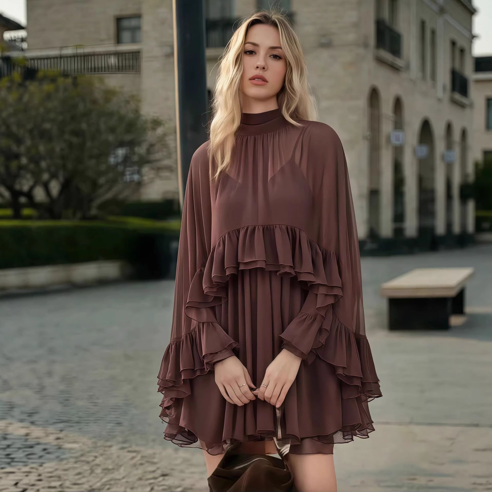 Brown Chiffon Ruffle Mini Dress | Mock Neck Long Sleeve Tiered Ruffle Flowy Short Dress for Women