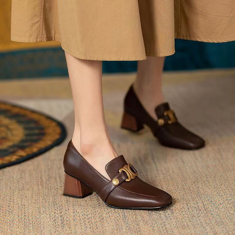 Brown Square Toe Block Heel Loafer Pumps | Women's Gold Chain Hardware Chunky Heel Leather Slip-On Shoes | Retro Luxury Heels