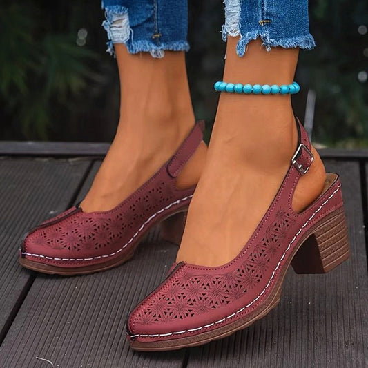 Burgundy Cutout Floral Block Heel Slingback Sandals for Women | Hollow Out Laser Cut Pointed Toe Mid Heel Shoes | Vintage Boho Chunky Heel Sandals | Elegant Casual Summer Heels