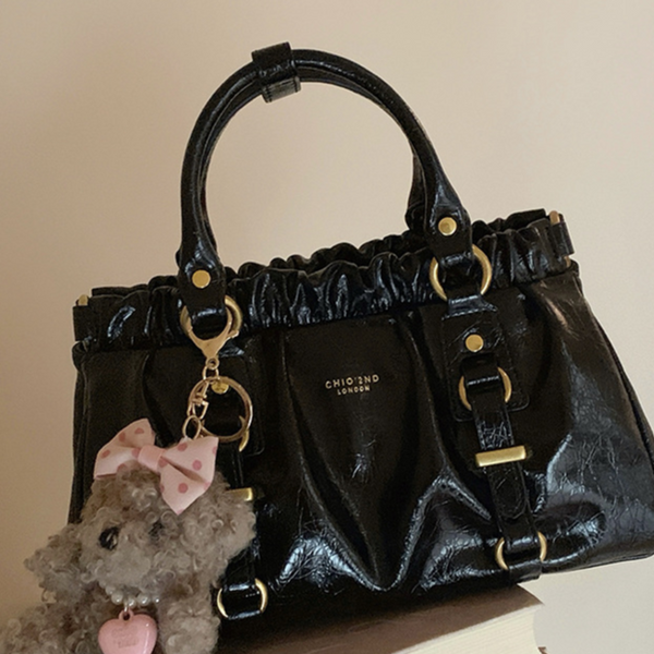 CHIO 2ND LONDON Black Patent Leather Ruched Satchel Bag - Gold Hardware Crossbody Handbag with Teddy Bear Charm | Women's Luxury Style Purse