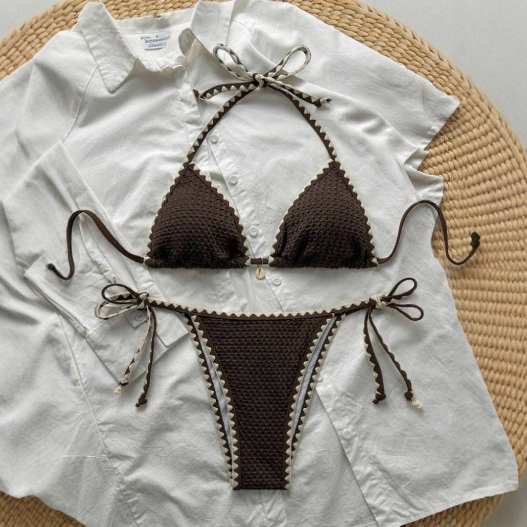 Chocolate Brown Crochet Bikini Set | Halter Triangle Top & Tie Side Thong | Textured Scallop Edge Boho Two Piece Swimsuit Women