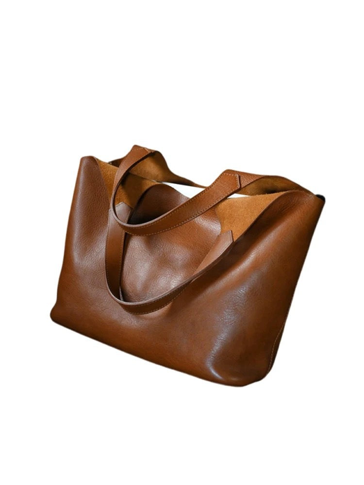 Cognac Brown Leather Tote Bag - Soft Slouchy Hobo with Knotted Handles | Minimalist Everyday Shoulder Bag