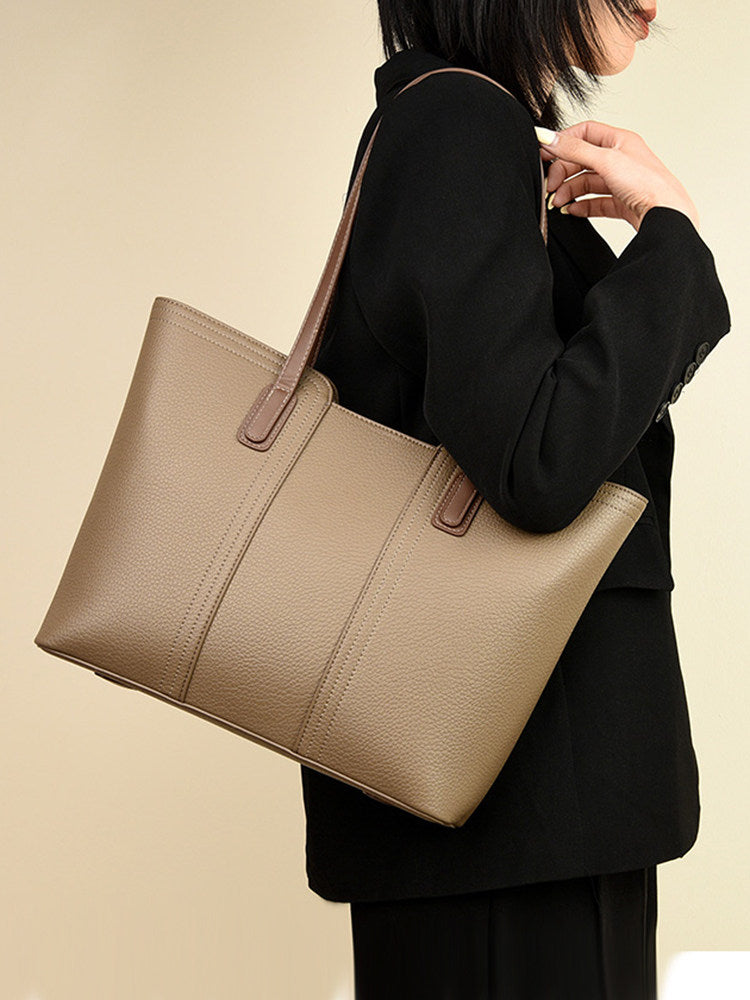 Cream Beige Leather Tote Bag with Brown Handles | Two-Tone Shoulder Bag