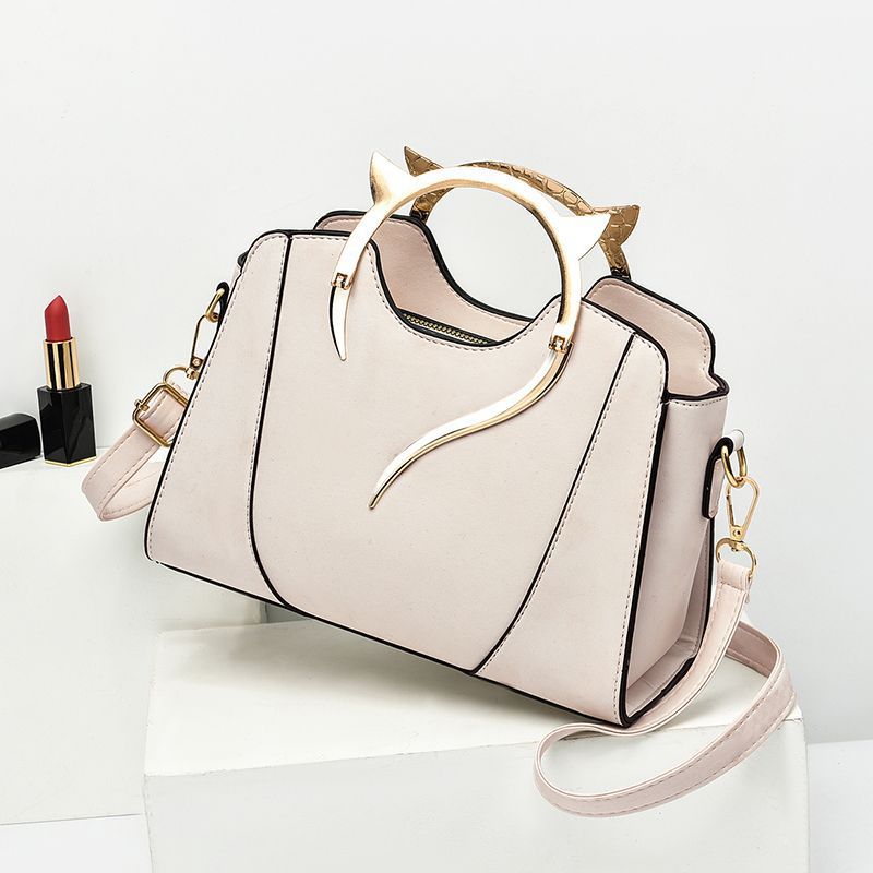 Cream Beige Structured Handbag with Gold Metal Handle | Elegant Crossbody Tote