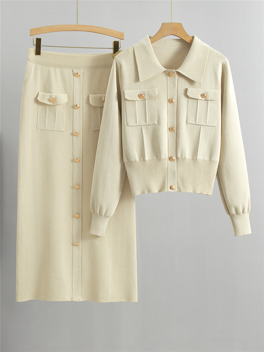 Cream Knit Cardigan & Midi Skirt Set | 2-Piece Button Down Collar Sweater Co-ord Women Elegant Outfit