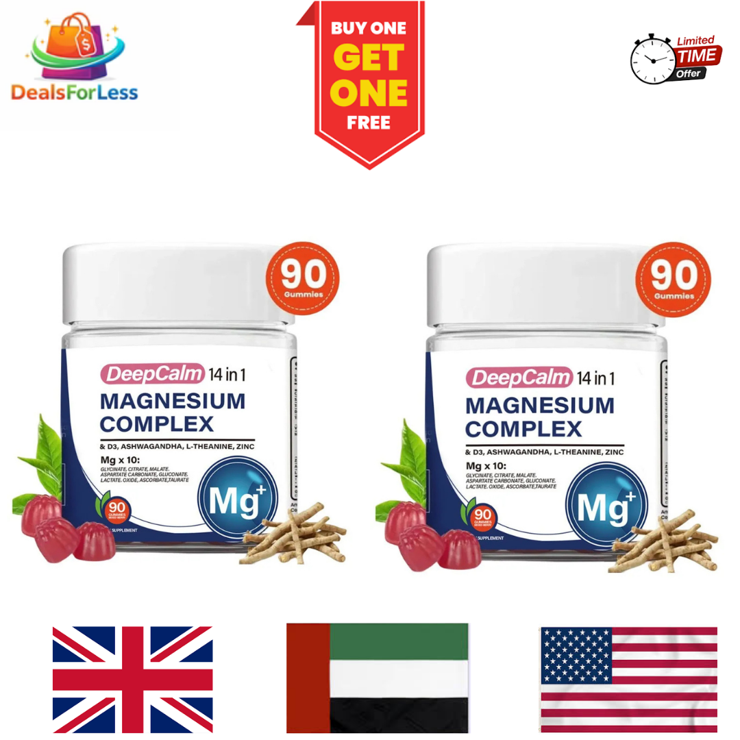DeepCalm 14-in-1 Magnesium Complex Gummies – Buy One Get One FREE | With D3, Ashwagandha, L-Theanine & Zinc | 90 Gummies