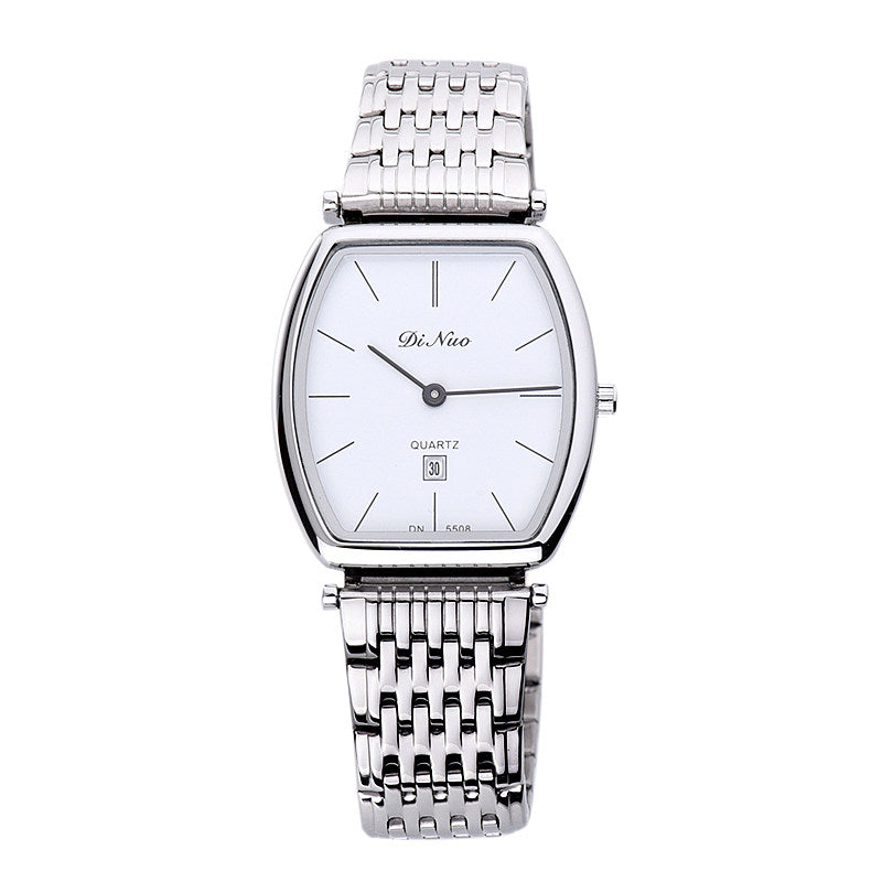 Di Nao His & Hers Couple Watch Set | Silver Tonneau White Dial Date Quartz Stainless Steel Matching Watches