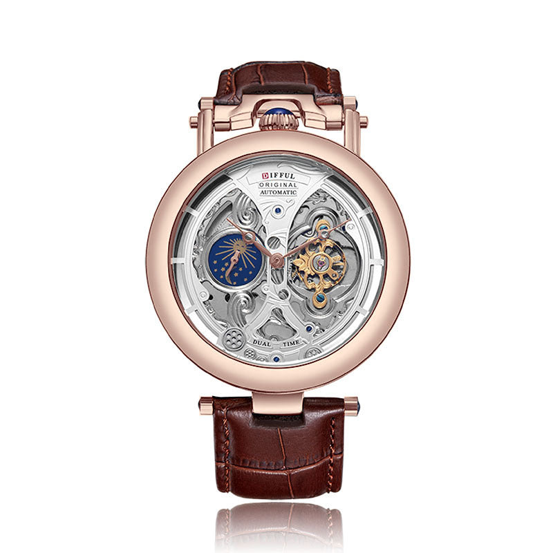 Difful Original Automatic Skeleton Watch | Dual Time and Sun Moon Display | Tourbillon Style | Blue Leather Strap | Luxury Mens Mechanical Watch