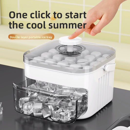 Double Layer Portable Ice Cube Tray with Storage Box | One Click Release | Large Capacity Ice Maker | BPA Free Freezer Tray with Lid & Drawer