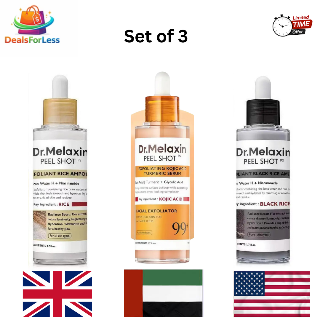 Dr. Melaxin Peel Shot Set of 3 – Rice Ampoule + Kojic Acid Turmeric Serum + Black Rice Ampoule | Exfoliating Facial Serum Bundle | Limited Time Offer