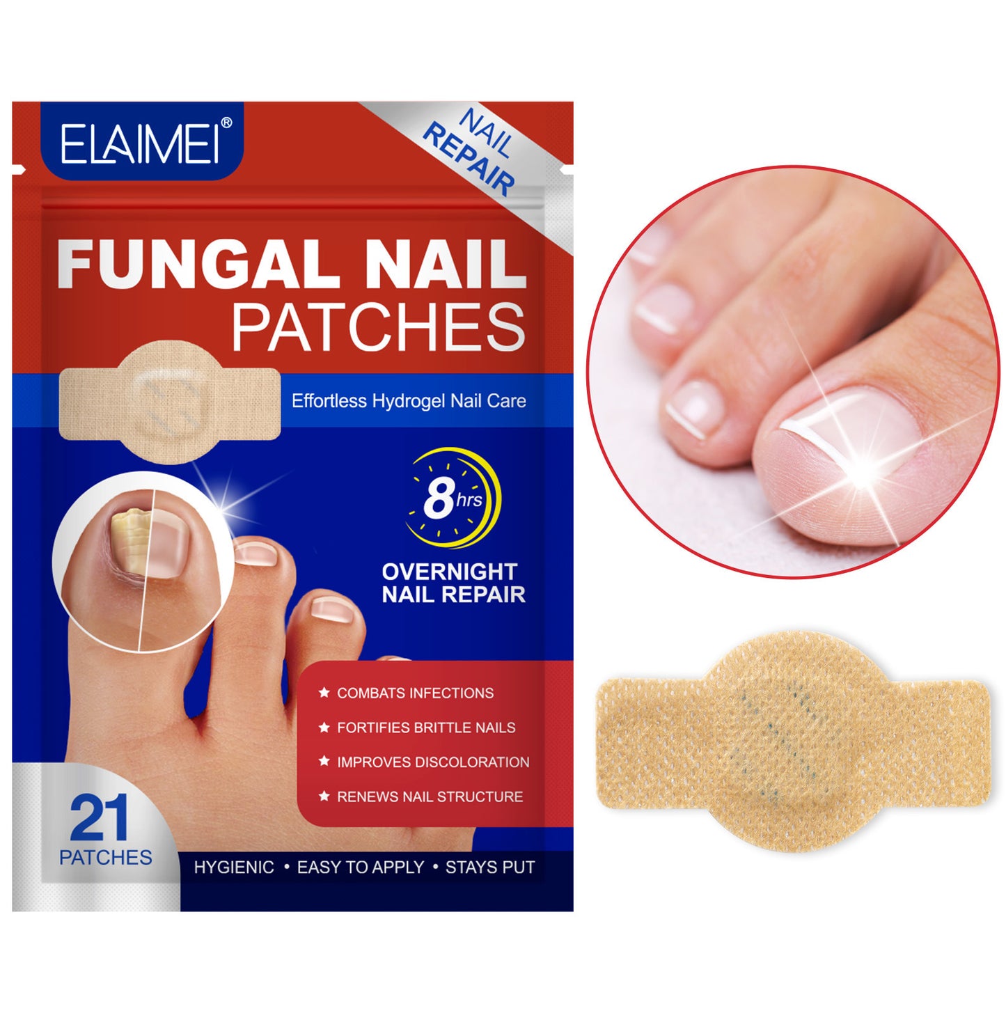 ELAIMEI Fungal Nail Patches | 21-Pack Overnight Hydrogel Nail Repair Treatment | Anti-Fungal Toenail Restoration Patches