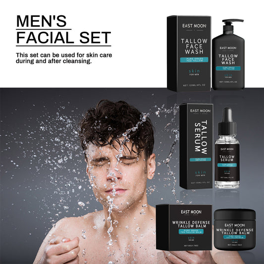 East Moon 3-Piece Grass-Fed Tallow Skincare Set for Men | Wrinkle Defense Balm + Tallow Serum + Face Wash | Anti-Aging Natural Skincare Bundle