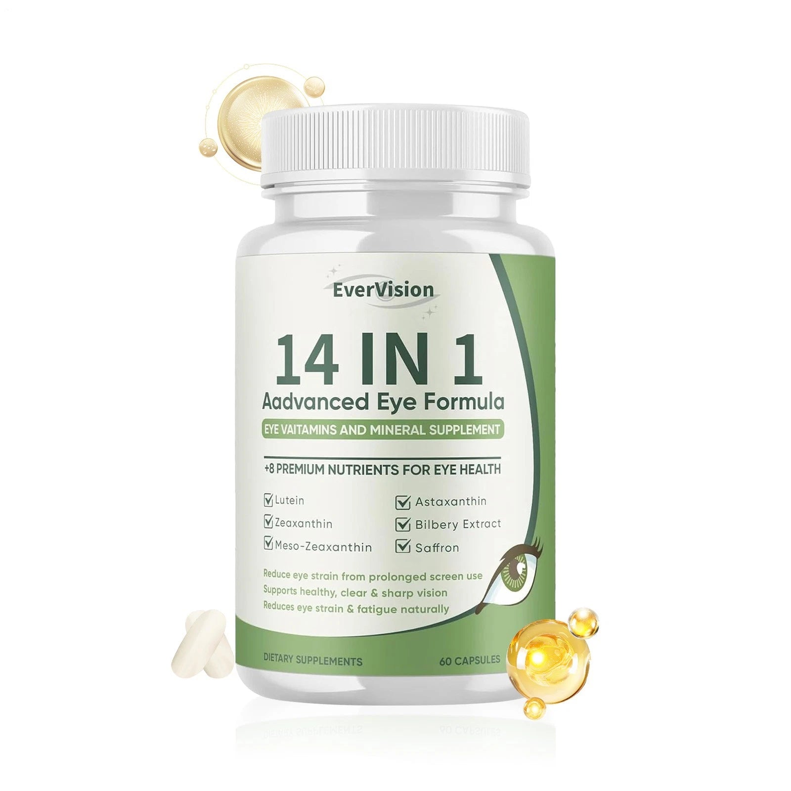 EverVision 14-in-1 Advanced Eye Formula Supplement - Lutein Zeaxanthin Meso-Zeaxanthin Astaxanthin Bilberry Saffron - Reduces Eye Strain & Screen Fatigue - Supports Clear Sharp Vision - 60 Capsules