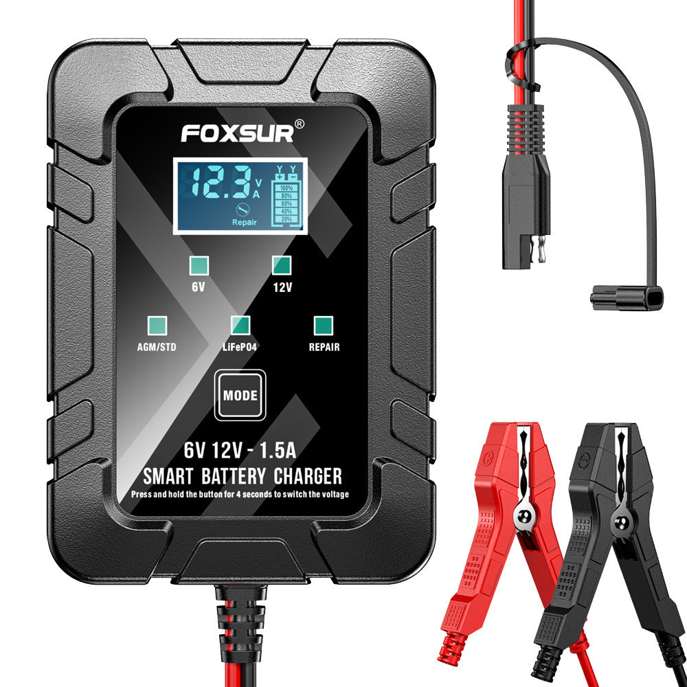 FOXSUR 6V 12V 1.5A Smart Battery Charger | AGM LiFePO4 Repair Mode LCD Display | Automatic Car Motorcycle Battery Maintainer