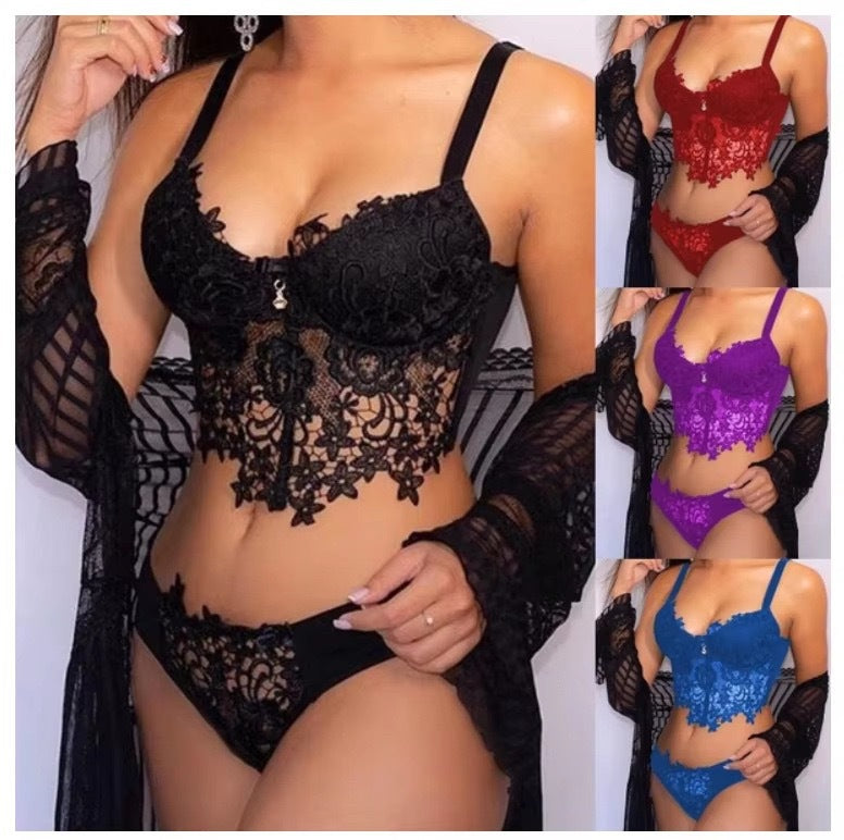 Floral Lace Longline Bra & Panty Set | Sheer Embroidered Bustier Lingerie | Sexy Underwire Set in 4 Colors
