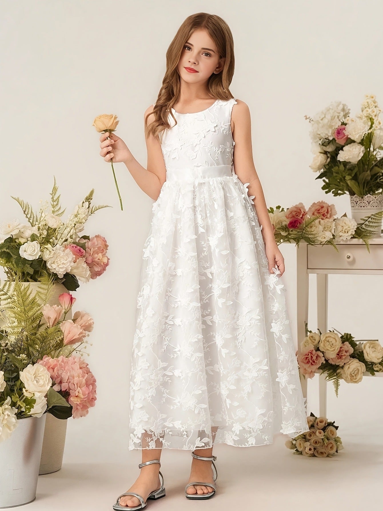 Girls White Floral Lace Maxi Dress Sleeveless Flower Girl Wedding Dress First Communion Princess Party Gown