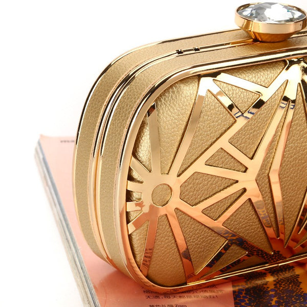 Gold Art Deco Evening Clutch with Crystal Clasp and Chain Strap - Geometric Metal Box Clutch Purse for Wedding, Prom, Cocktail Party - Luxury Vintage Style Formal Handbag