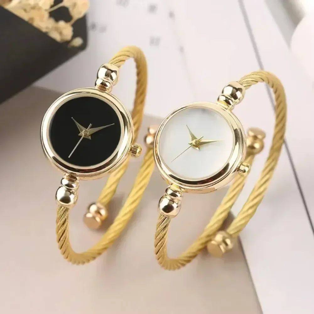 Gold Bangle Cuff Watch Women | Twisted Wire Open Bracelet | Black & White Dial Options | Dainty Minimalist Jewelry Watch