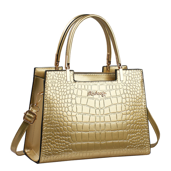 Gold Croc Embossed Luxury Tote Handbag | Women's Metallic Crocodile Pattern Satchel with Crossbody Strap | Glamour Top Handle Purse
