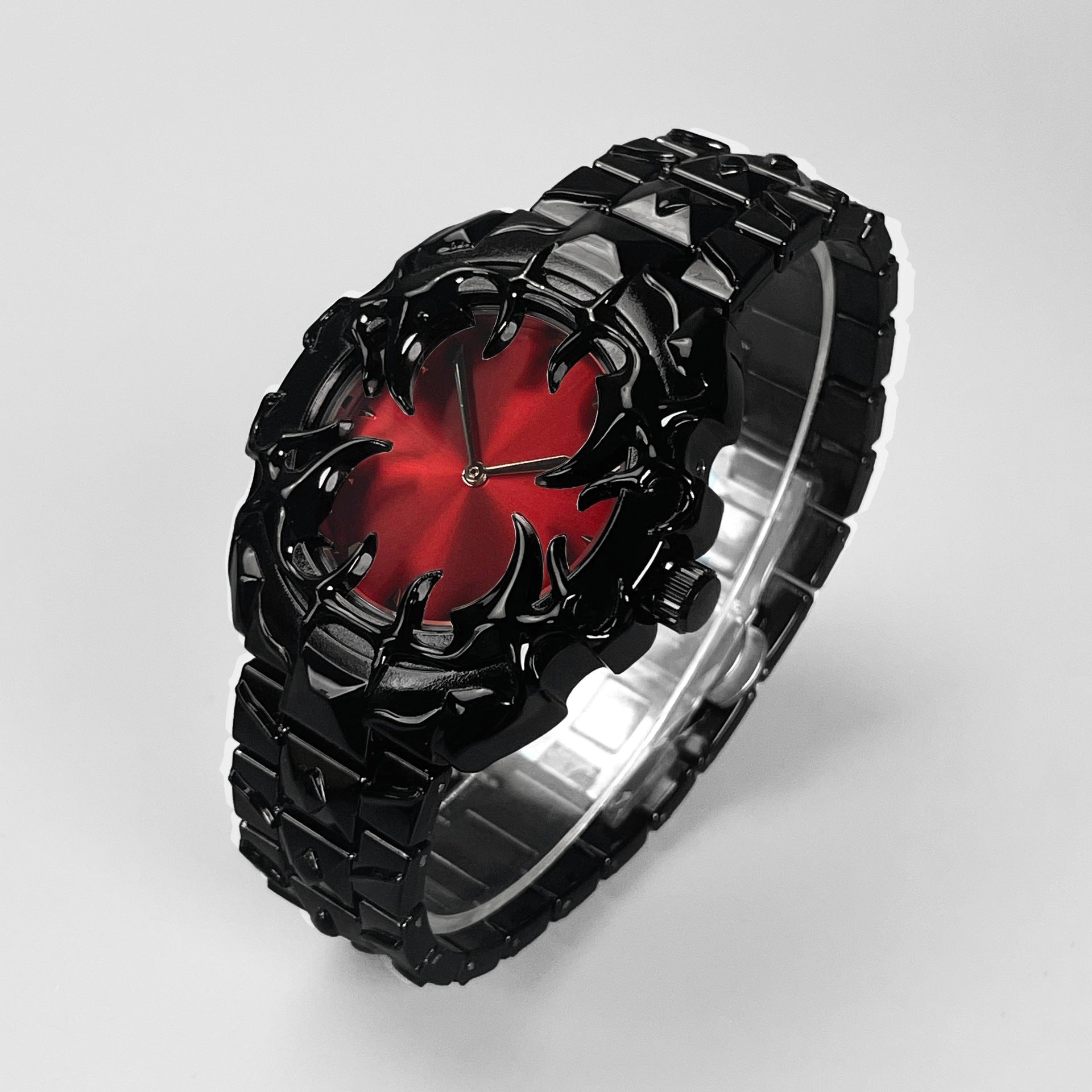 Gothic Black Thorn Spike Watch for Men | Red Dial Dark Luxury Stainless Steel Quartz Timepiece
