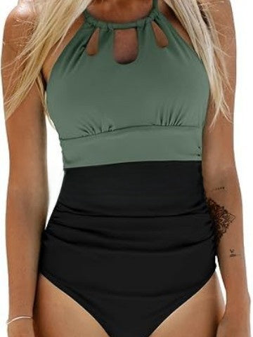 Green Black Color Block One Piece Swimsuit | Halter Neck Keyhole Cutout & Ruched Tummy Control | High Neck Two Tone Swimwear Women